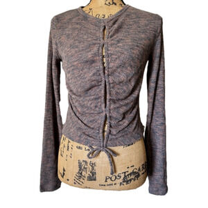 New‎ Women's Long Sleeve Ribbed Lace Up Cozy Knit Brown Blouse size Small
